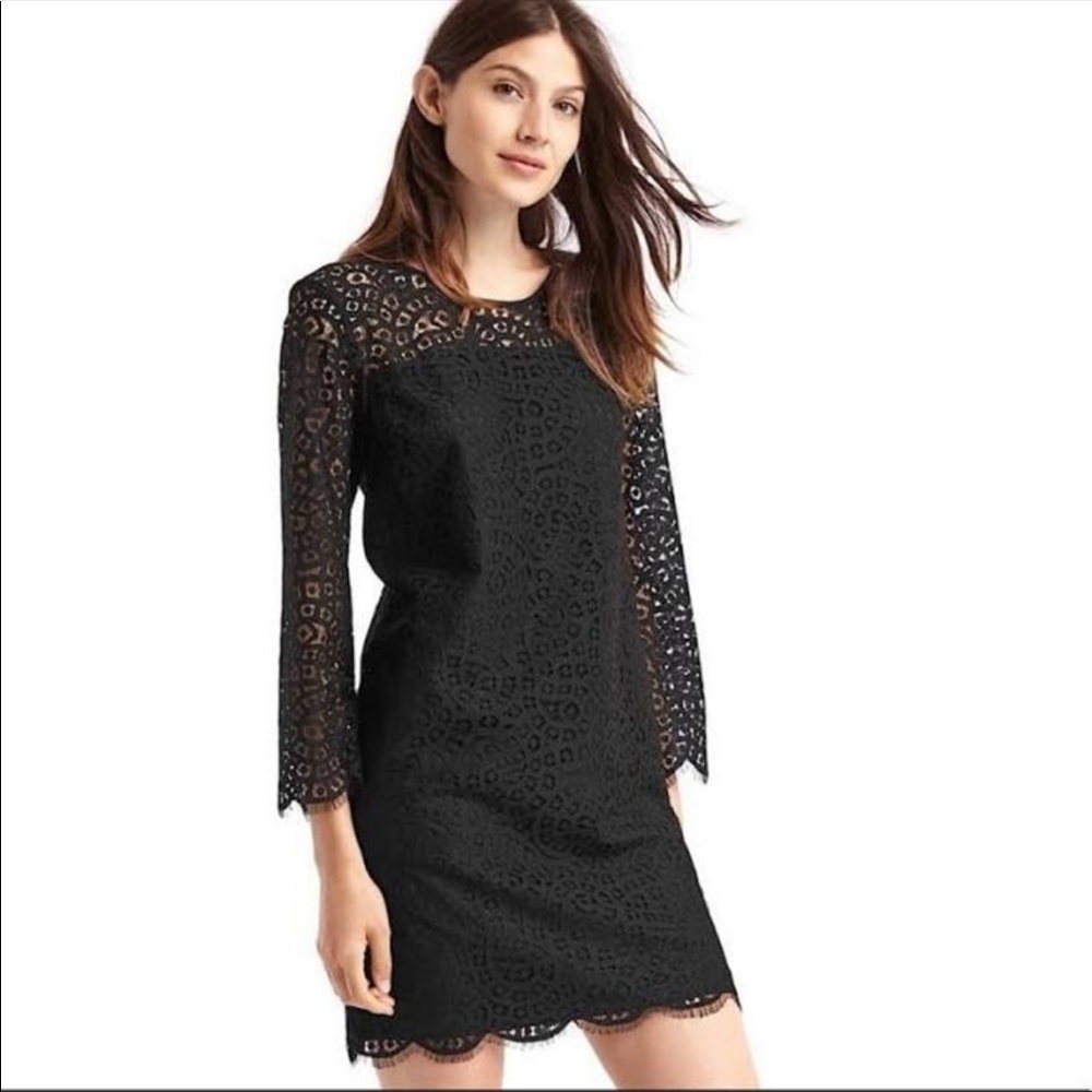 Gap NWOT True Black Lace 3/4 Sleeve Shift Mini Dress Small